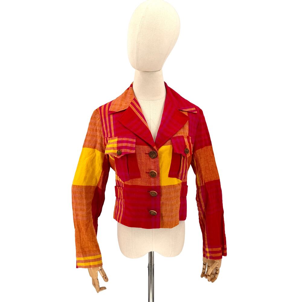 Vintage 90s Christian Lacroix Red Yellow Plaid 100% Linen Crop Jacket